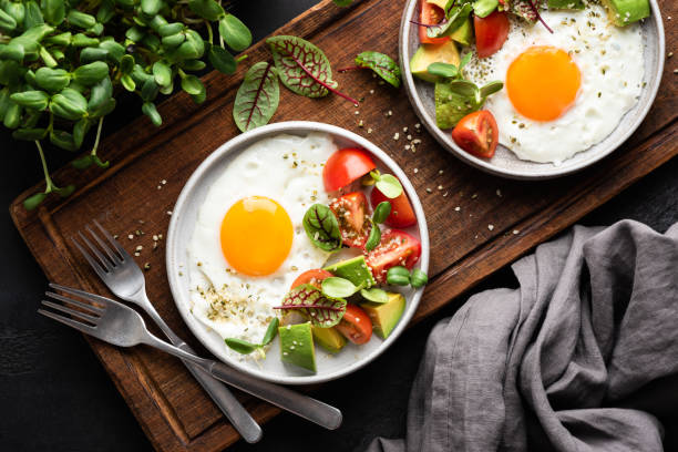 istock Healthy breakfast food egg and tomato avocado salad 1282244318
