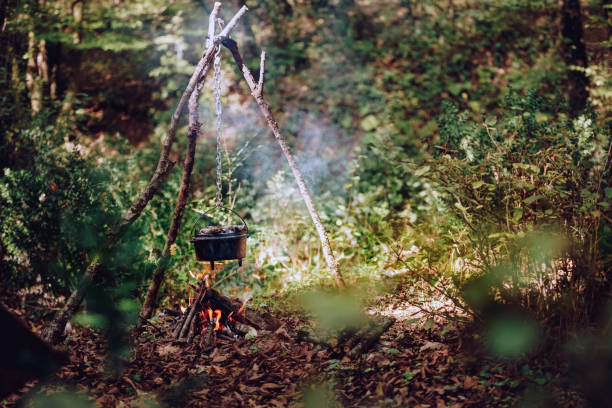 istock Cast iron pot cooks over open fire in a campsite 1282246378