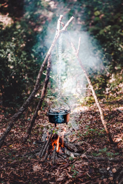 istock Cast iron pot cooks over open fire in a campsite 1282246379