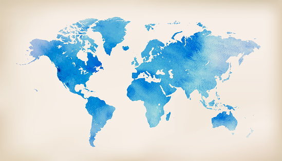 Blue world map on vintage paper background. watercolour style. Vector.
