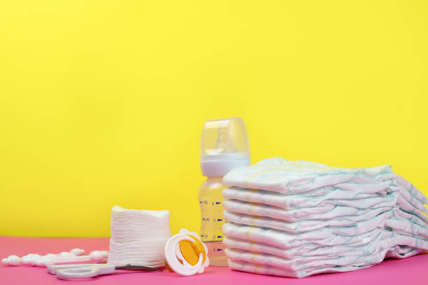 istock A stack of diapers and baby hygiene products. Slective focus. Space for text 1282254734