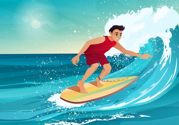 мальчик серфинга. человек плавает с доской на большой морской или океанской волне. - surfing wave surf surfboard stock illustrations