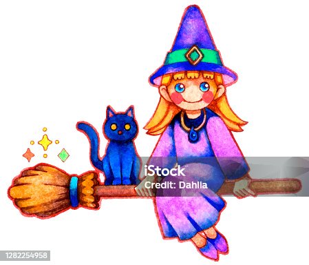 istock A witch and a black cat flying in the sky on a broom 1282254958