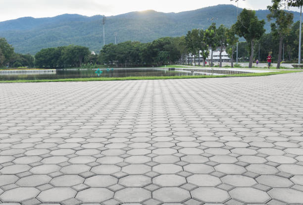 istock Paver brick floor in perspective view for background. 1282255940
