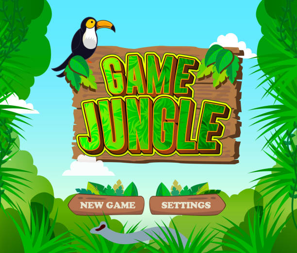 illustrazioni stock, clip art, cartoni animati e icone di tendenza di schermata introduttiva dei videogiochi per app mobile con alberi della giungla e animali luminosi - nature backgrounds video