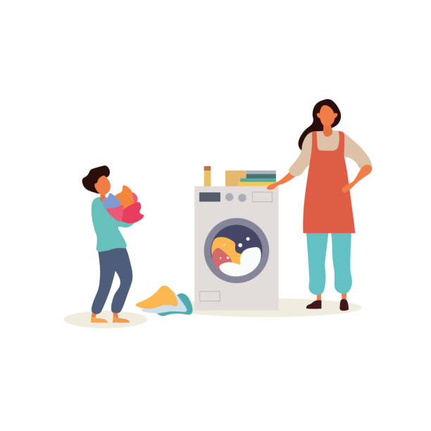 07 Woman With Child Washing Clothes Stock Illustration - Download Image Now  - Laundry, Housework, Adult - iStock
