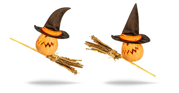 istock funny Halloween pumpkin flying on a witch's broomstick with a pointed hat 1282259238