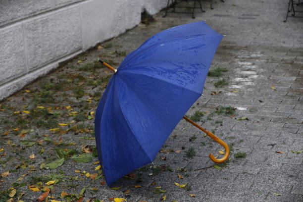 istock Blue umbrella standing on wet street 1282259271