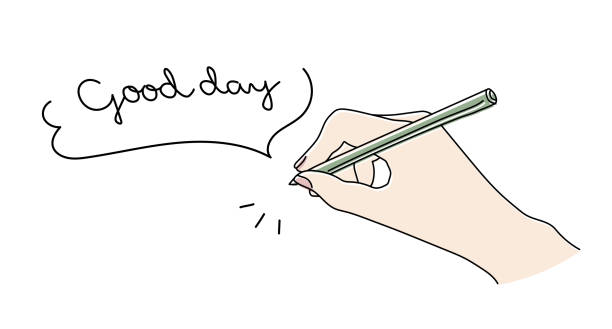 Illustration of a woman's hand writing a balloon saying "good day" Illustration of a woman's hand writing a balloon saying "good day" pen illustrations stock illustrations
