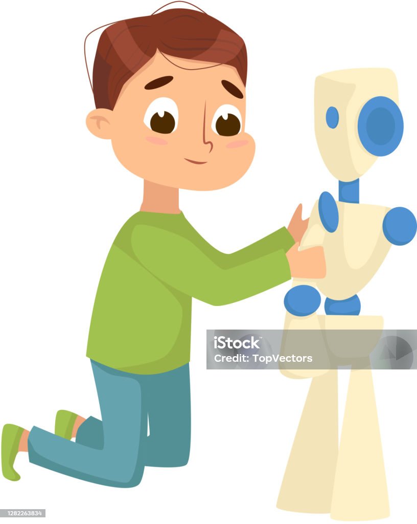 Robot Animado Programando Ilustración de Lindo Niño Creando Y Programando Robot Inteligente ...