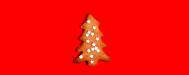 istock Gingerbread christmas tree cookie decorated with mastic star icing on bright red background. Festive, holiday cooking concept. 1282263981