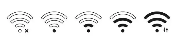 Vector illustration of Wifi level strenght on white background. Isolated network symbol in black color. Outline wi fi pictogram level. Status of connection satellite. Wi-fi power sign. Vector EPS 10.