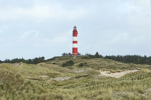 Lighthouse in dune landscape, Nebel, Isle of Amrum, North Frisian islands, Schleswig-Holstein, Germany