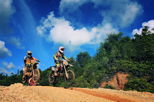 North Kalimantan, Indonesia - 28 March 2015: Motocross race with uneven dirt roads in North Kalimantan