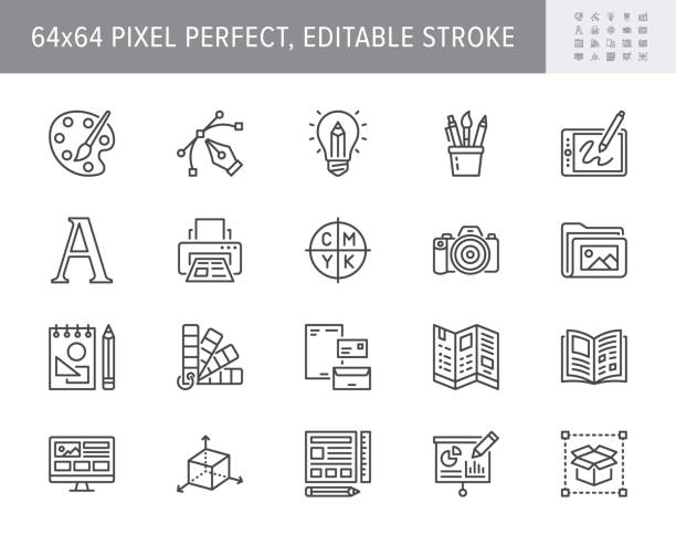 ilustrații de stoc cu pictograme linie de design grafic. ilustrație vectorială inclusă pictogramă - instrument creativ digital, pensulă, paletă, prepress, pictogramă contur aspect prezentare pentru artă. 64x64 pixel perfect editable stroke - construi