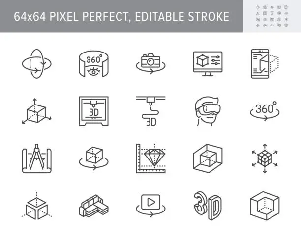Vector illustration of 3d vr design line icons. Vector illustration included icon - virtual augmented reality, glasses, ar simulator, printer, prototype outline pictogram for ar. 64x64 Pixel Perfect Editable Stroke