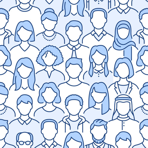 ilustrações de stock, clip art, desenhos animados e ícones de crowd of people vector seamless pattern. monochrome background with diverse unrecognizable business men, woman line icons. blue white color illustration - large group of people illustrations