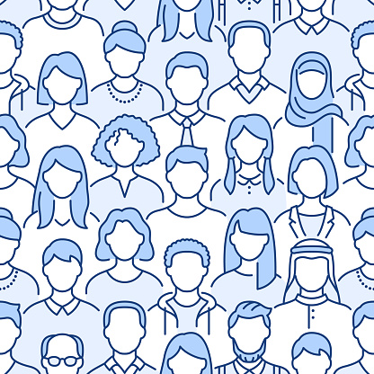 Crowd of people vector seamless pattern. Monochrome background with diverse unrecognizable business men, woman line icons. Blue white color illustration.