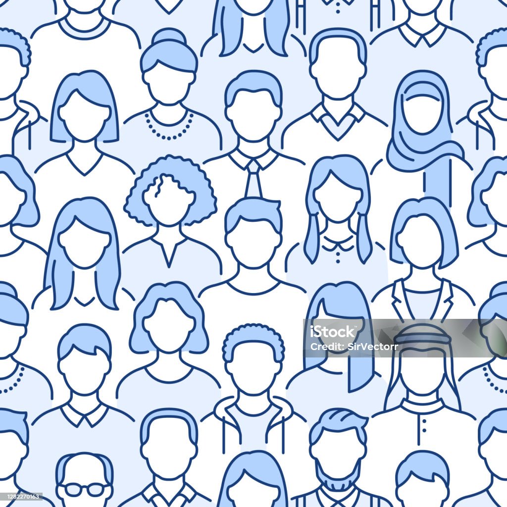 Crowd of people vector seamless pattern. Monochrome background with diverse unrecognizable business men, woman line icons. Blue white color illustration Crowd of people vector seamless pattern. Monochrome background with diverse unrecognizable business men, woman line icons. Blue white color illustration. People stock vector