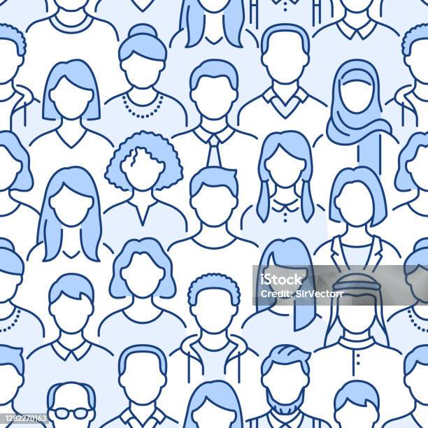 Crowd Of People Vector Seamless Pattern Monochrome Background With Diverse Unrecognizable Business Men Woman Line Icons Blue White Color Illustration Stock Illustration - Download Image Now
