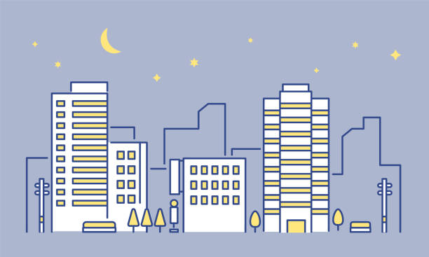 都市夜風景オフィスビル - オフィス街　日本点のイラスト素材／クリップアート素材／マンガ素材／アイコン素材