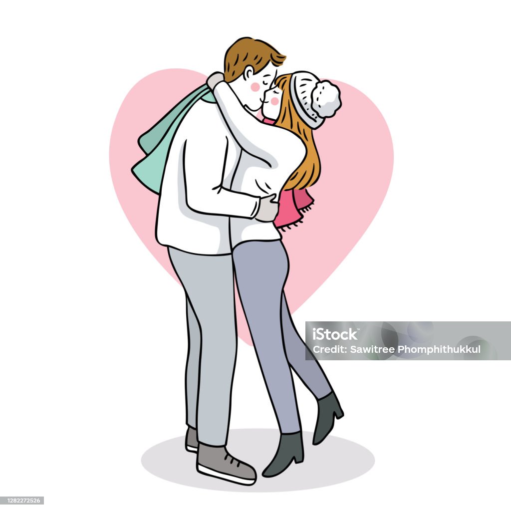 Hand Draw Cartoon Cute Merry Christmas Couple Kissing Vector Stock  Illustration - Download Image Now - iStock