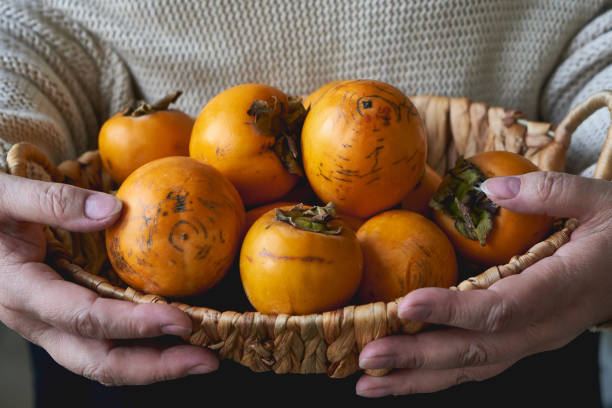 An old woman holds a basket with a harvest of persimmons on a wooden table. stock photo