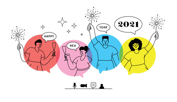 New year online party 2021 Friends celebrating New Year online. Virtual party.
Editable vectors on layers. This image includes transparencies. celebratory toast illustrations stock illustrations