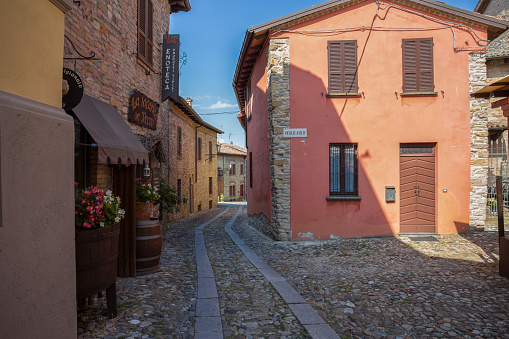 Castell'Arquato, Italy, August, 25, 2020 - View of the medieval town of Castell'Arquato, Piacenza province, Emilia Romagna, Italy.