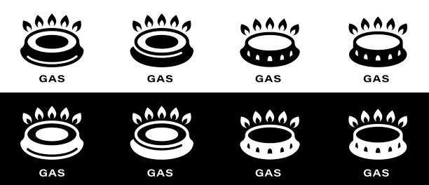 Gas hob symbol. Icon for utensils, pots and frying pan surfaces. Kitchen appliances heating type logo. Gas burner with fire. Vector illustration Gas hob symbol. Icon for utensils, pots and frying pan surfaces. Kitchen appliances heating type logo. Gas burner with fire. Vector illustration gas stove burner stock illustrations