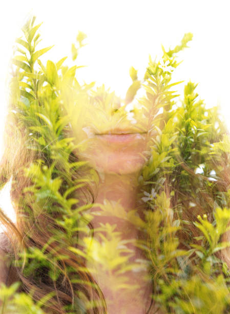 istock Young woman double exposure portrait with leaves 1282275688