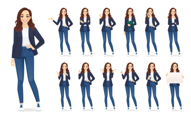 Casual business woman character set Casual business woman character in different poses set in jeans isolated vector illustration portrait designs stock illustrations