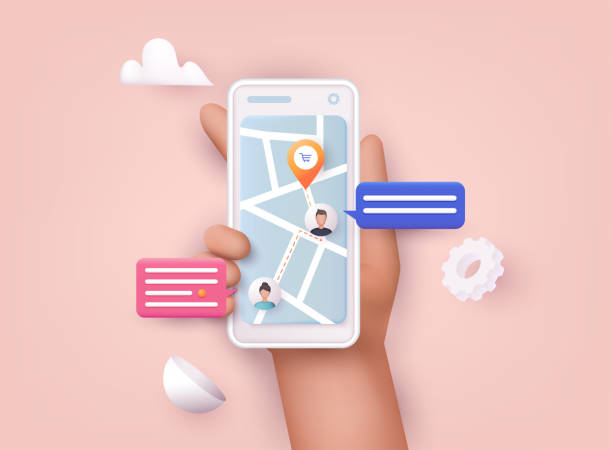 Hand holding mobile smart phone with app delivery tracking. Vector modern 3d creative info graphics design on application. Hand holding mobile smart phone with app delivery tracking. Vector modern 3d creative info graphics design on application. mobile phone illustrations stock illustrations