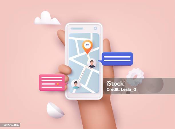 Hand Holding Mobile Smart Phone With App Delivery Tracking Vector Modern 3d Creative Info Graphics Design On Application Stock Illustration - Download Image Now