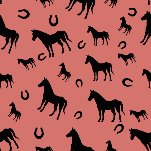 istock Seamless pattern with horse and horseshoe. Animals illustration Vector card on color background for design, kids decor, wrapping, textile 1282278545