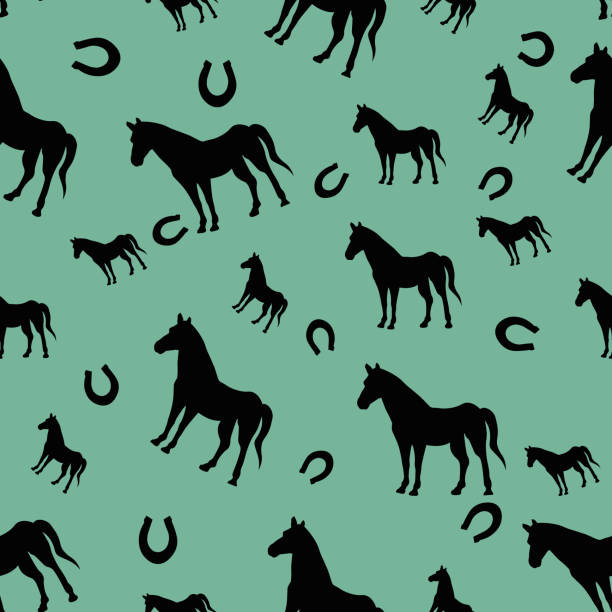 istock Seamless pattern with horse and horseshoe. Animals illustration Vector card on color background for design, kids decor, wrapping, textile 1282278546