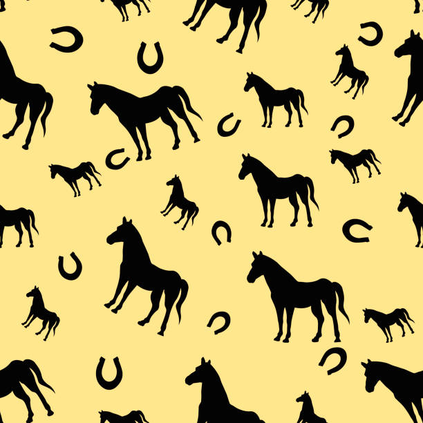 istock Seamless pattern with horse and horseshoe. Animals illustration Vector card on color background for design, kids decor, wrapping, textile 1282278561