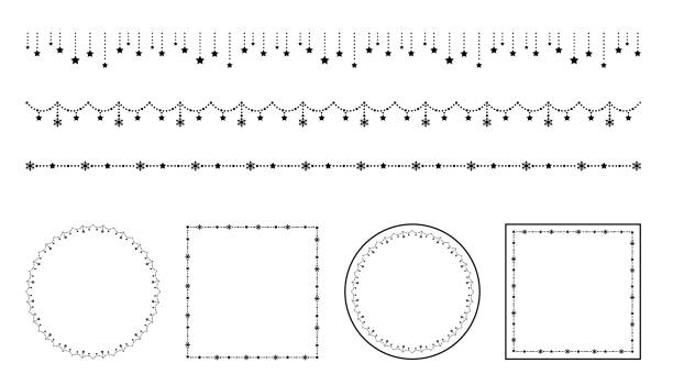 elegante dekoration für weihnachten. dekorative rand, linien. sterne, kristall aus schnee (alle schwarz, weiß hintergrund) - decorating stock-grafiken, -clipart, -cartoons und -symbole