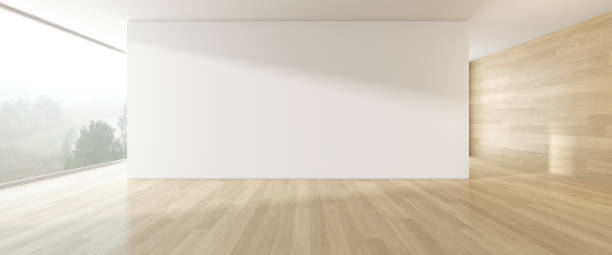 istock 3d render of modern empty room with wooden floor and large plain wall. 1282279905