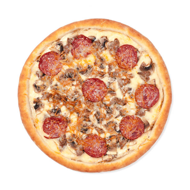 istock Top view of round pizza isolated on white 1282281111