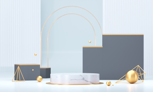 White round podium with geometric shapes and gold elements. Abstract blank pedestal, display platform. 3D Rendering.