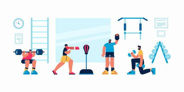 Sportsmen doing various exercises in modern gym Colorful vector illustration of strong male athletes doing various exercises with weights and punching bag during intense workout in contemporary gym Barbell stock illustrations