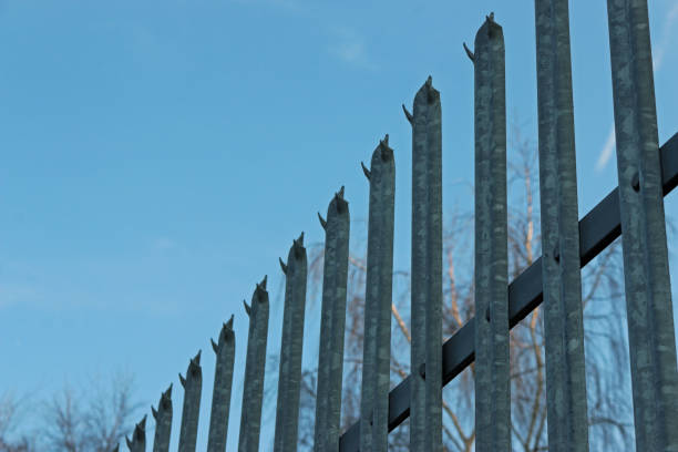 Metal palisade security fencing rail and tops with three spikes on each upright pale and blurred trees and blue sky in the background.