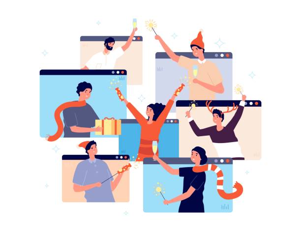 Christmas online party. People celebrating new year, happy friends on video chat. Man woman with champagne confetti gift vector illustration Christmas online party. People celebrating new year, happy friends on video chat. Man woman with champagne confetti gift vector illustration. Online party celebration, people call and celebrate virtual event illustrations stock illustrations