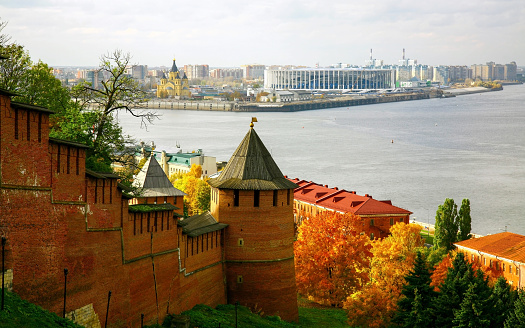 Nizhny Novgorod Kremlin against the background of the confluence of the Oka and Volga rivers on a sunny autumn day