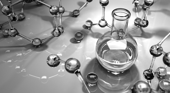 Glassware and Molecules in Laboratory - 3D Rendering