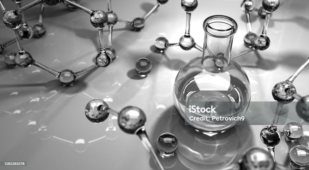 Glassware and Molecules in Laboratory Glassware and Molecules in Laboratory - 3D Rendering Analyzing Stock Photo