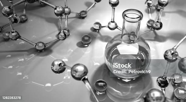 Glassware And Molecules In Laboratory Stock Photo - Download Image Now - Analyzing, Beaker, Biology