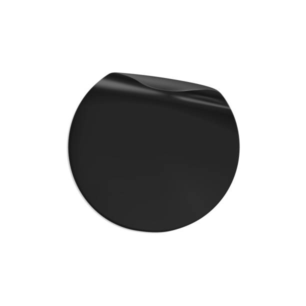 istock Black glued round crumpled sticker mockup. Adhesive clear black paper or plastic sticker label with glued, wrinkled effect on white background. Blank templates label or price tags. 3d realistic vector 1282284706