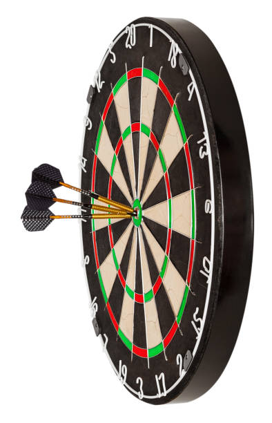istock Side view on professional sisal dartboard with three gilded darts in center 1282285850
